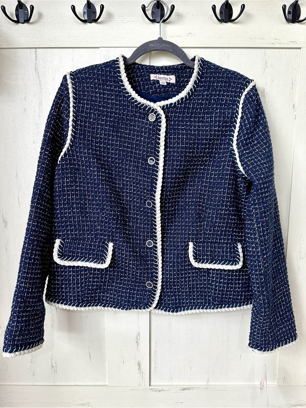 Nanette Lepore Tweed Navy w/ White Silver Piping Blazer Jacket Lined Small NWT